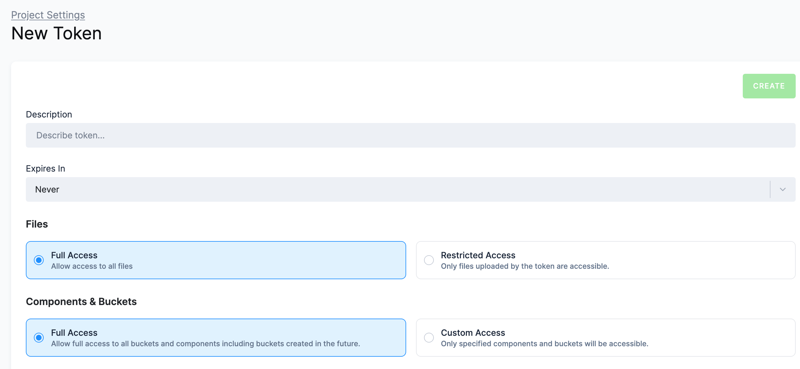 The New Token form in Keboola Project Settings: a description field, an Expires In selector, and Full Access selected for both Files and Components & Buckets, with the Create button in the corner