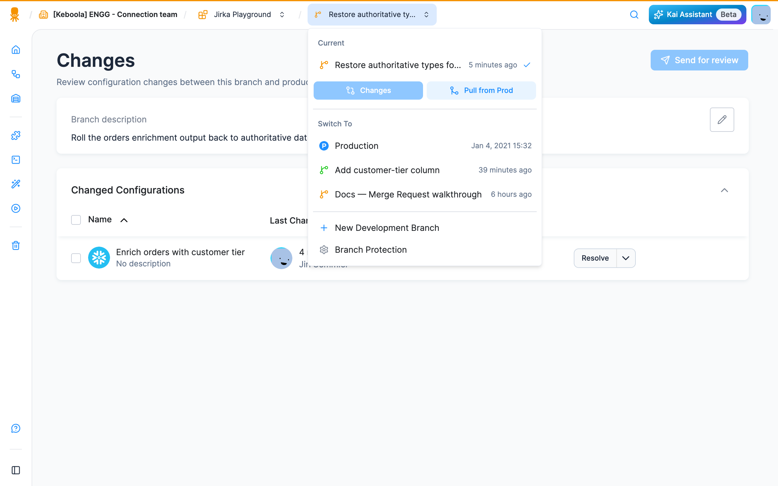 Screenshot - Branch switcher with Changes and Pull from Prod