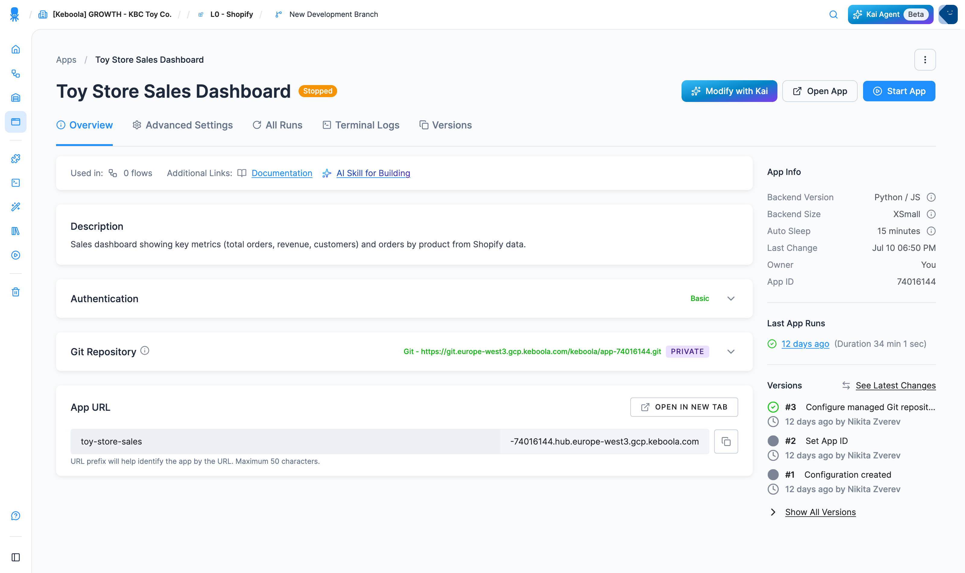 The app's configuration page: the Overview tab with Authentication and a Git Repository section, plus the App Info panel showing backend version, size, auto-sleep, and App ID