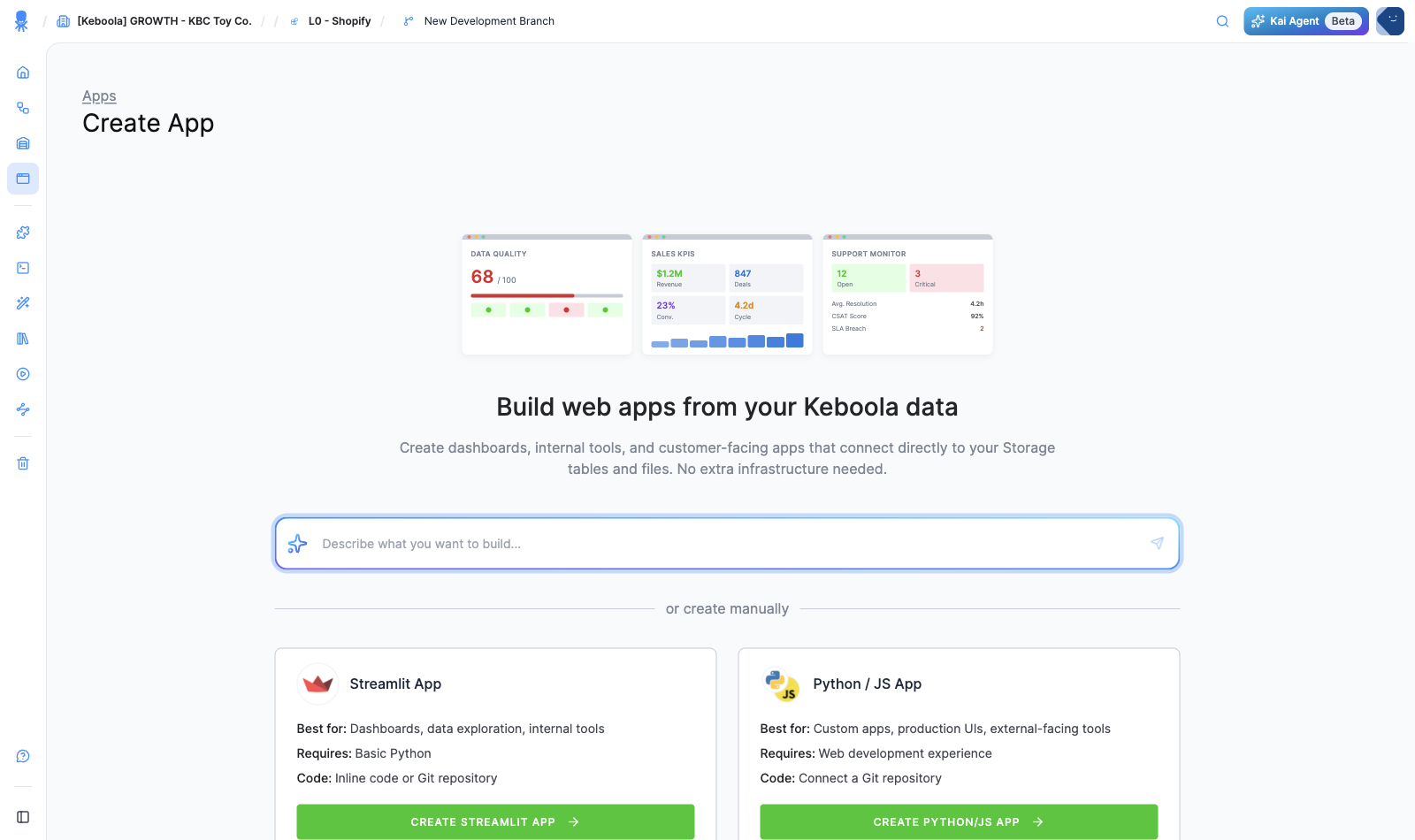 The Create App screen: the Kai prompt at the top and, under "or create manually", the stack choice cards
