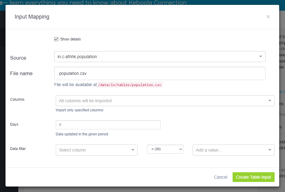 Table input detail screenshot