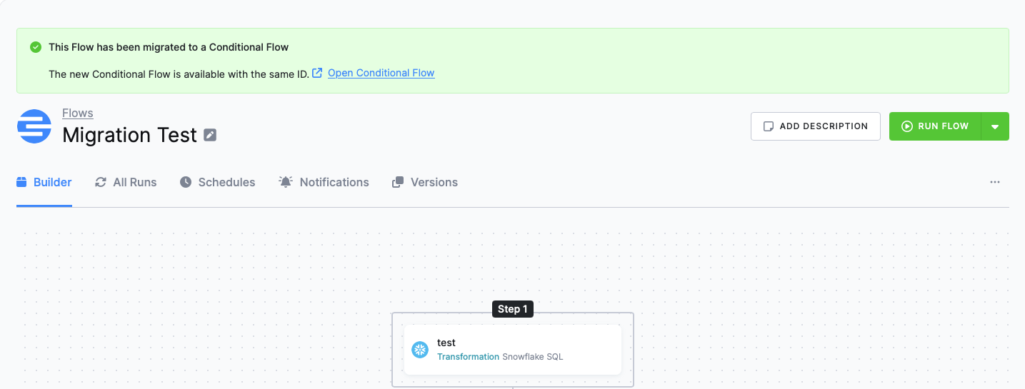 Legacy Flow detail showing successful migration banner with Open Conditional Flow link