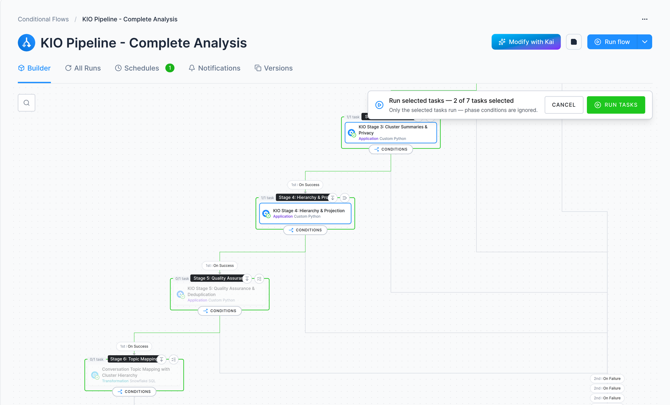 Builder in selection mode: the "Run selected tasks — 2 of 7 tasks selected" panel with Cancel and Run Tasks, two highlighted phases and a dimmed one