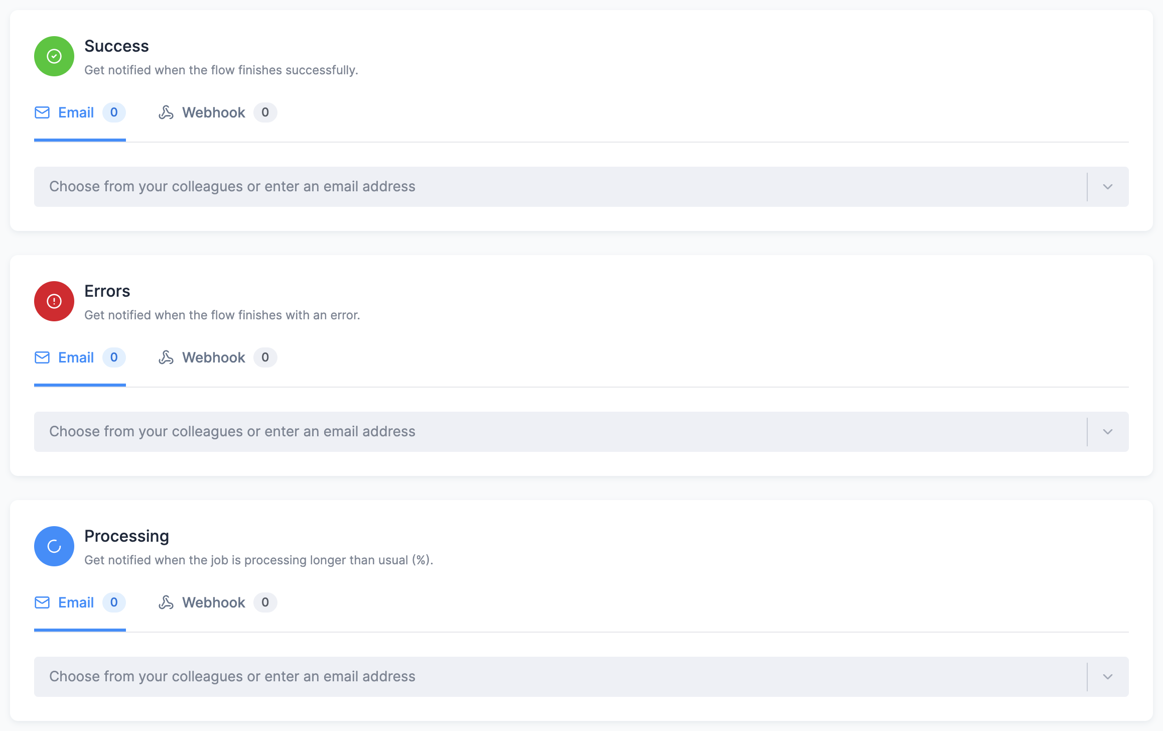 The Notifications tab of a flow with the Success, Errors, and Processing cards